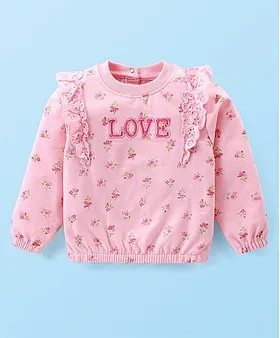 Babyoye Cotton Woven Full Sleeves Winter Wear Top with Text Embroidery & Frill Detailing - Pink
